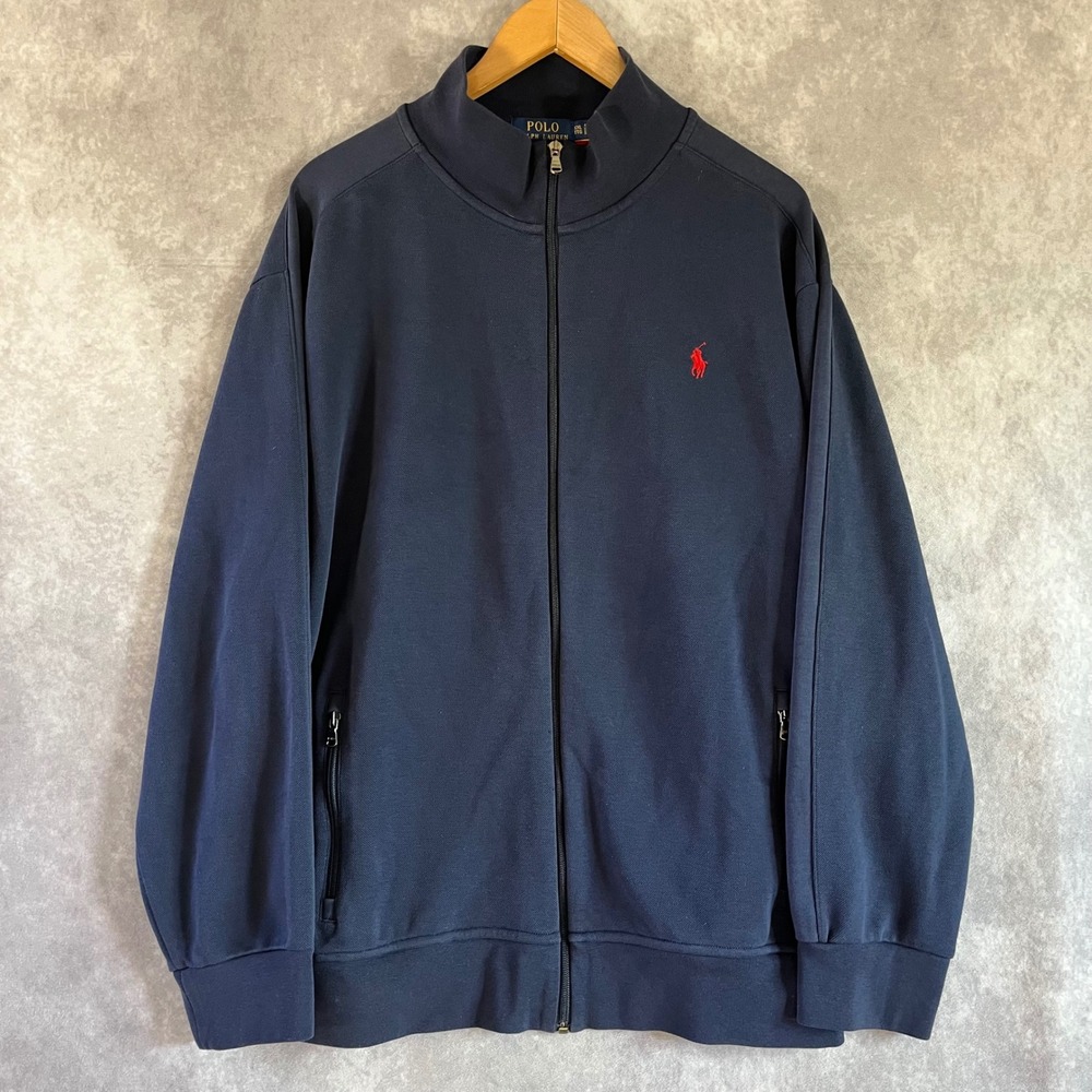 Polo Ralph Lauren Track Jacket Mens XXL Navy Blue Red Pony Full Zip Pique